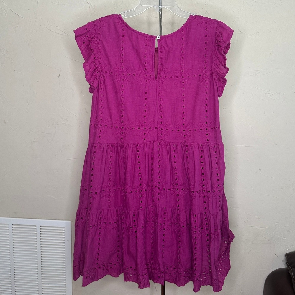She + Sky Magenta Purple Eyelet Tiered Mini Dress Flutter Sleeve Small - Picture 2 of 7